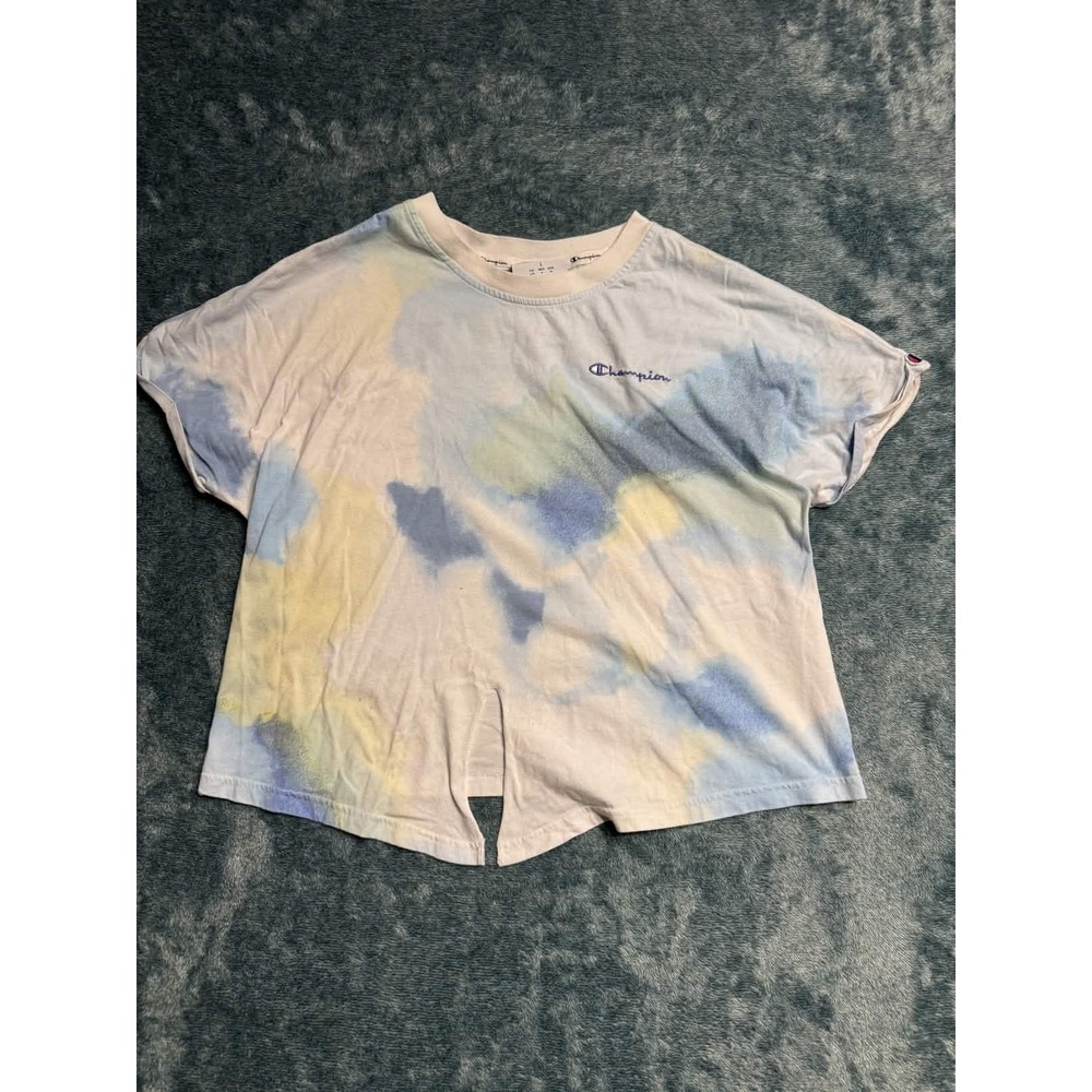 Champion Womens Tie Dye Front Tie Knot T-Shirt Large Blue Yellow Cropped Relaxed